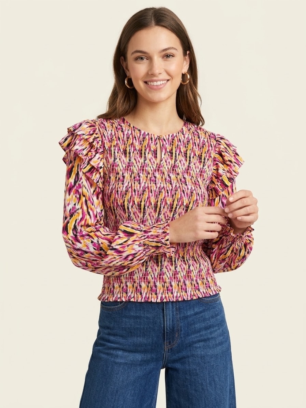 THML Pink Multi Smocked Ruffle Sleeve Blouse